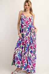 Purple Leaf Print Sleeveless Maxi Dress