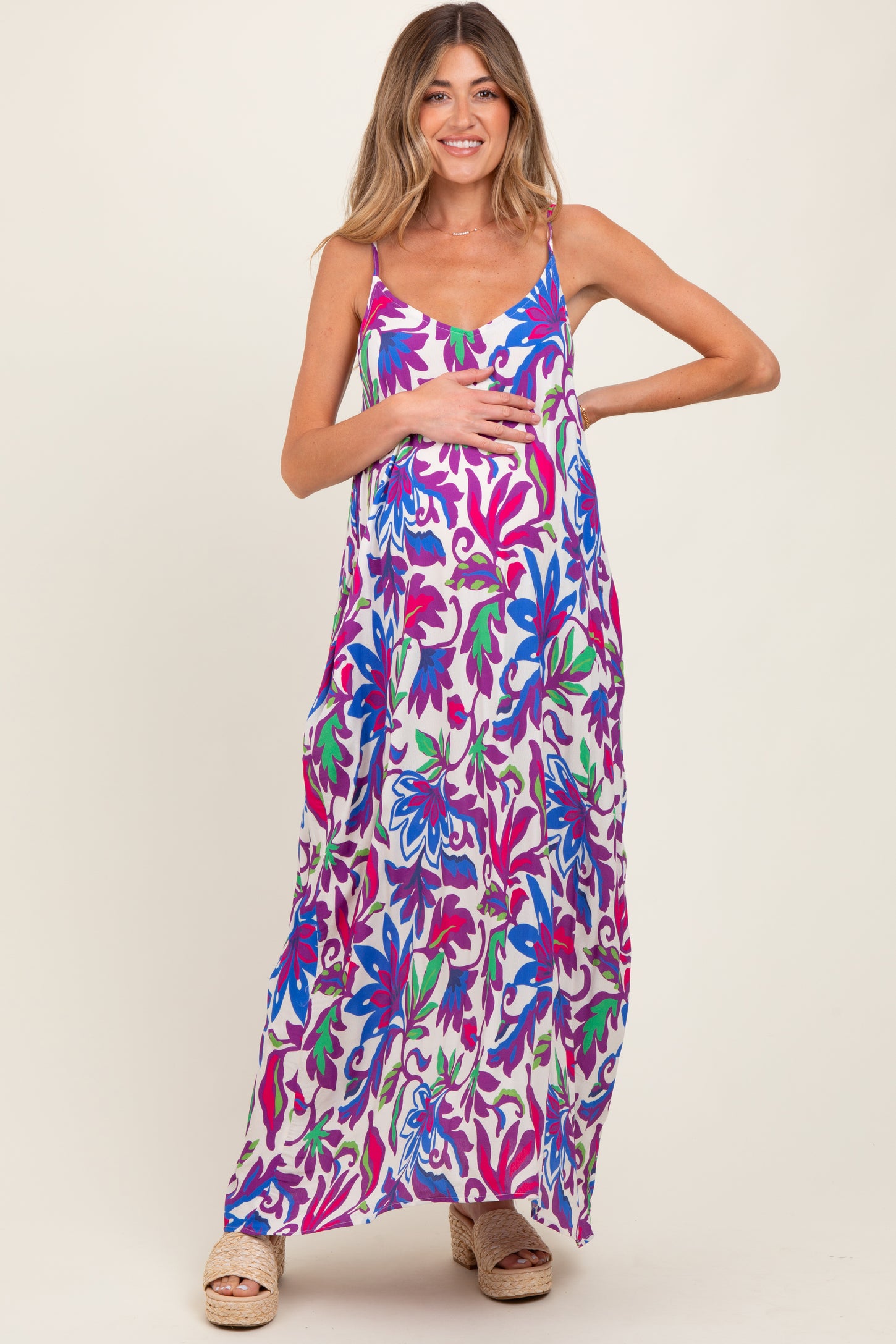 Purple Leaf Print Sleeveless Maternity Maxi Dress