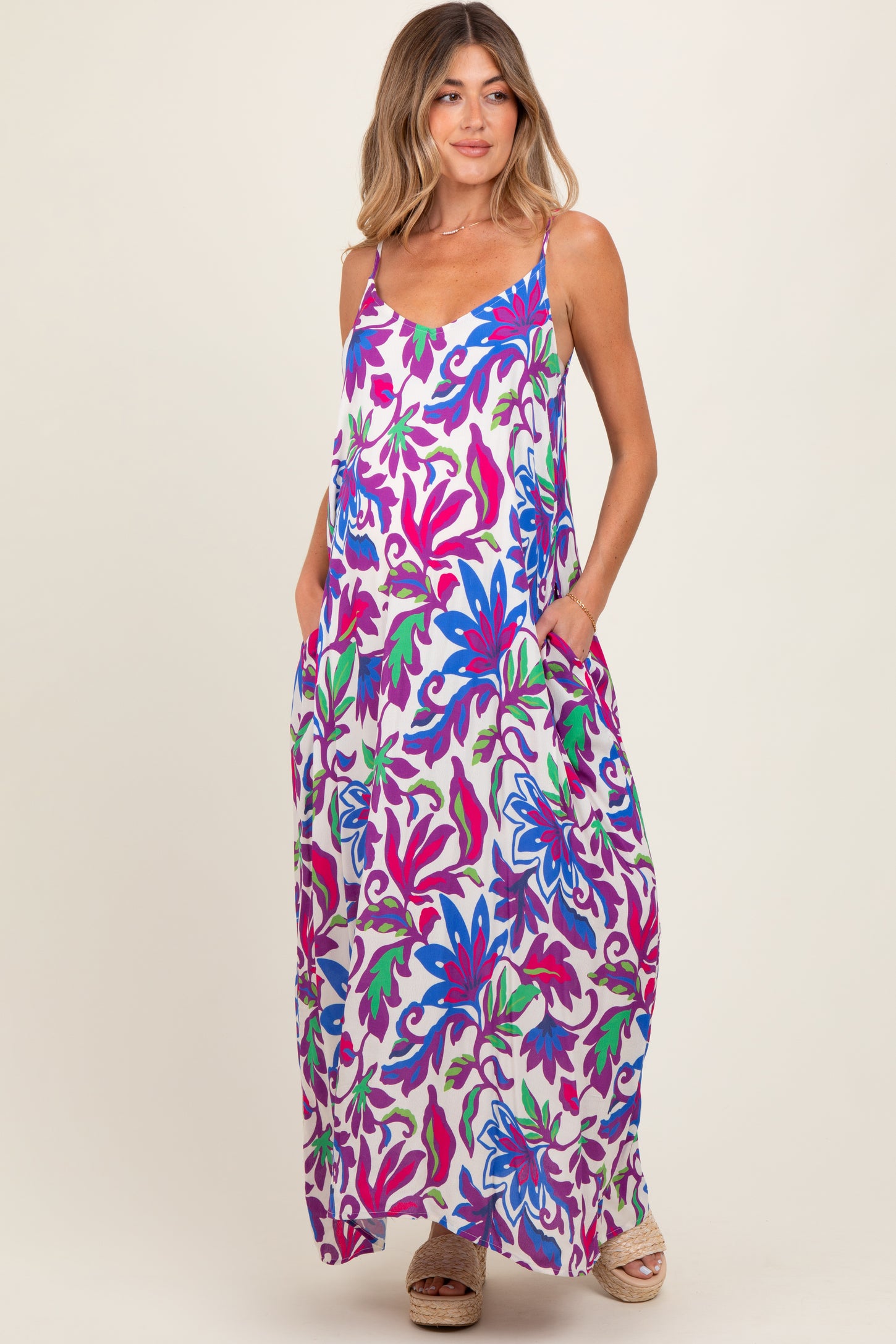 Purple Leaf Print Sleeveless Maternity Maxi Dress