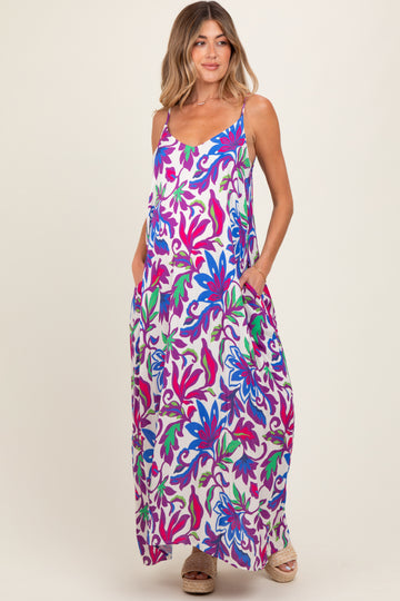 Purple Leaf Print Sleeveless Maternity Maxi Dress