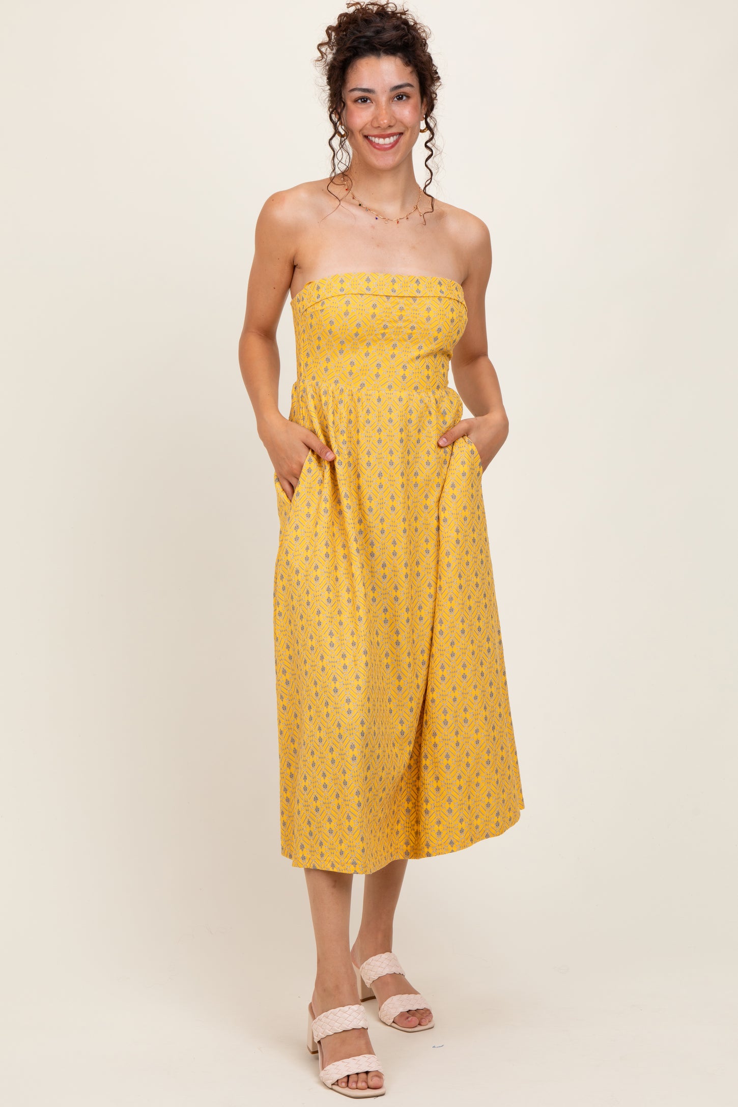 Yellow Lace Strapless Lace Up Back Maternity Midi Dress