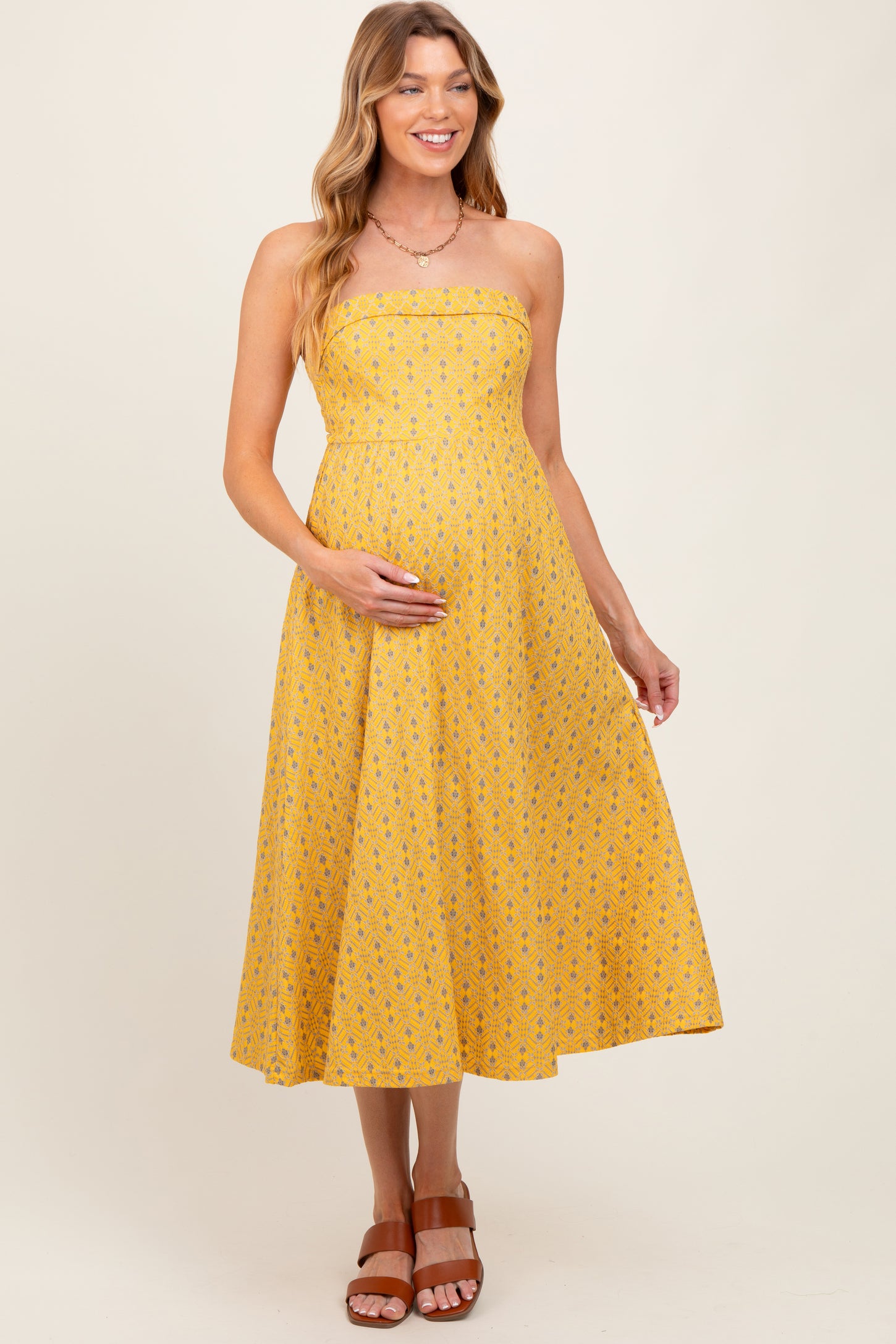 Yellow Lace Strapless Lace Up Back Maternity Midi Dress