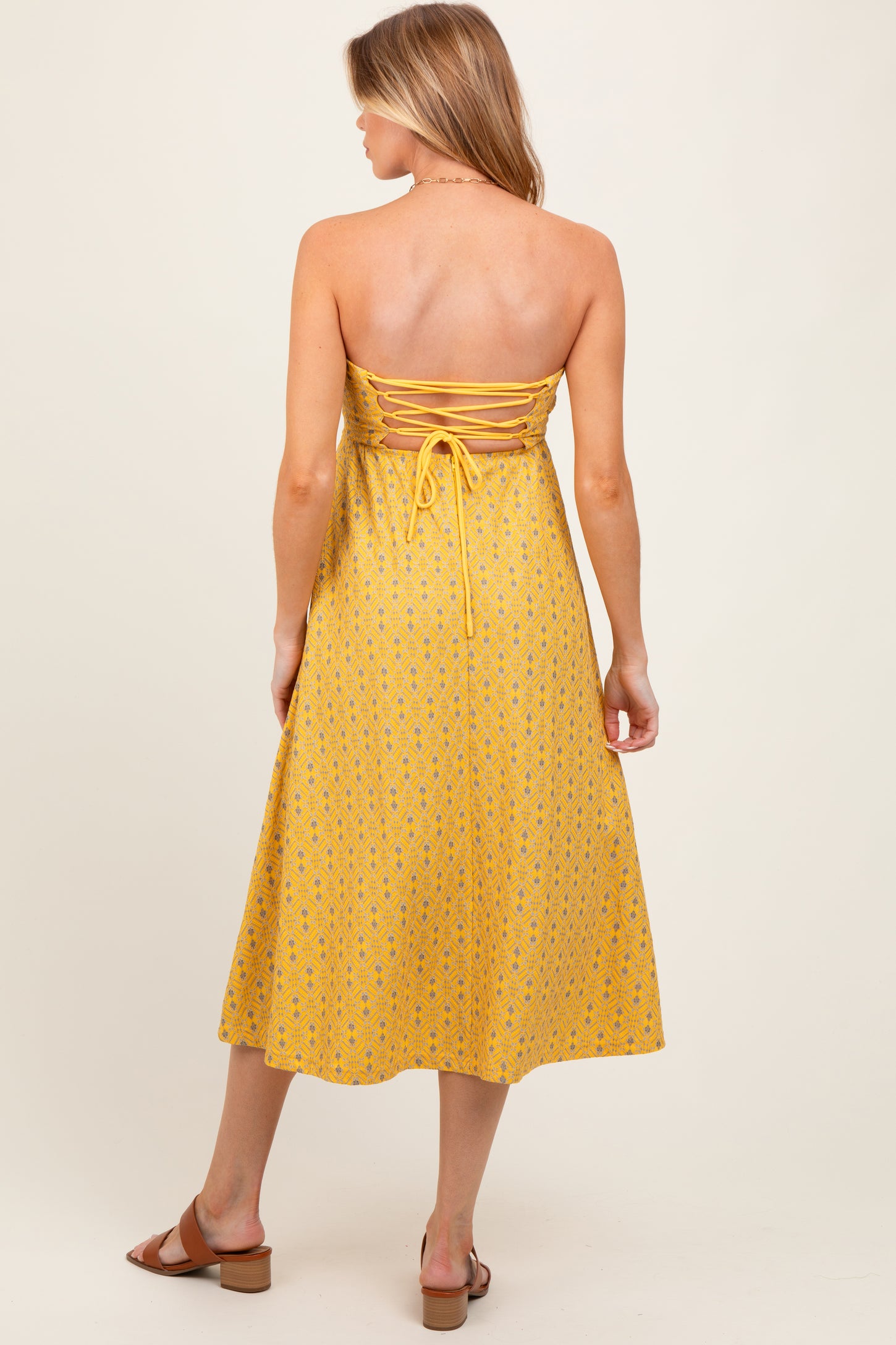 Yellow Lace Strapless Lace Up Back Maternity Midi Dress