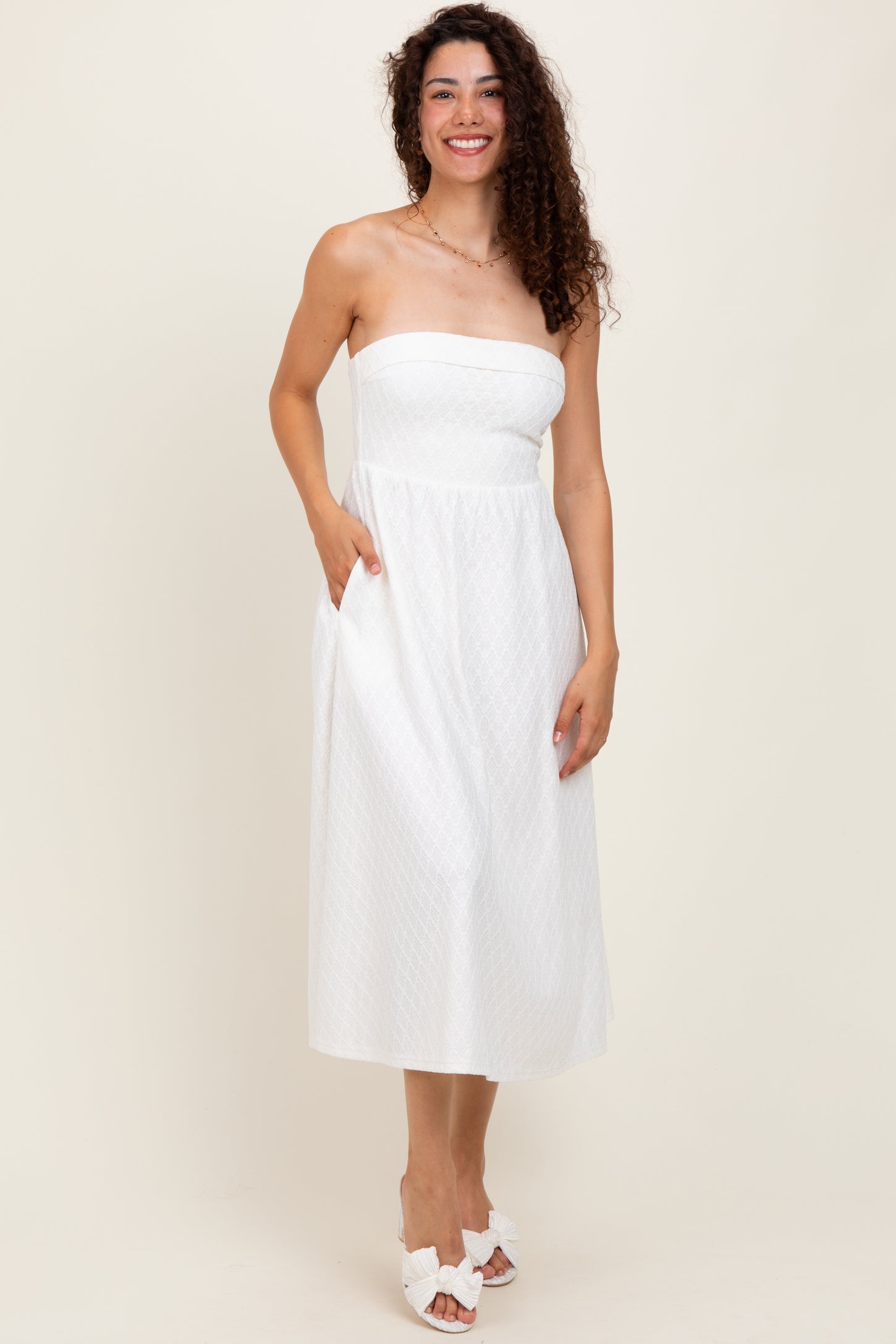 Ivory Lace Strapless Lace Up Back Maternity Midi Dress