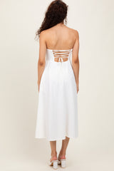 Ivory Lace Strapless Lace Up Back Midi Dress