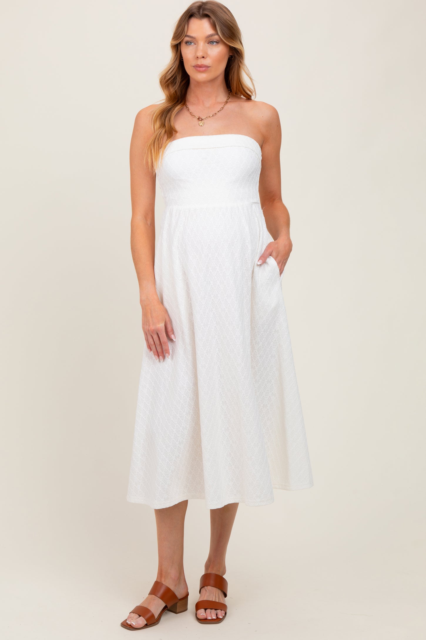 Ivory Lace Strapless Lace Up Back Maternity Midi Dress