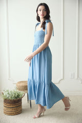 Blue Chambray Smocked Shoulder Tie Maxi Dress