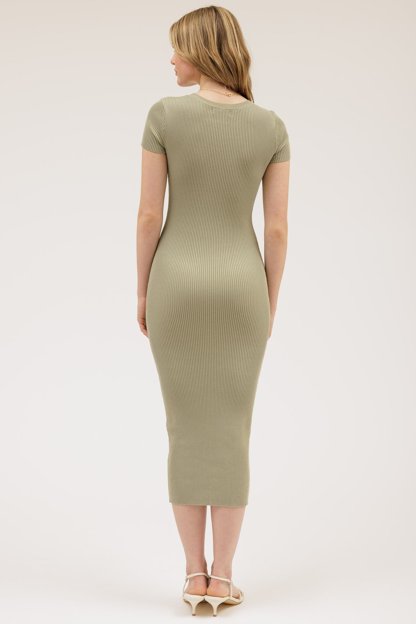 Light Olive Short Sleeve Rib Knit Midi Dress