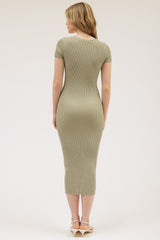 Light Olive Short Sleeve Rib Knit Midi Dress