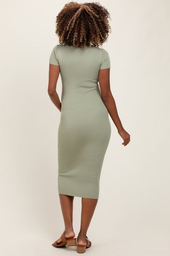 Light Olive Short Sleeve Rib Knit Maternity Midi Dress
