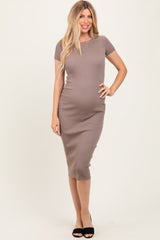 Mocha Short Sleeve Rib Knit Maternity Midi Dress
