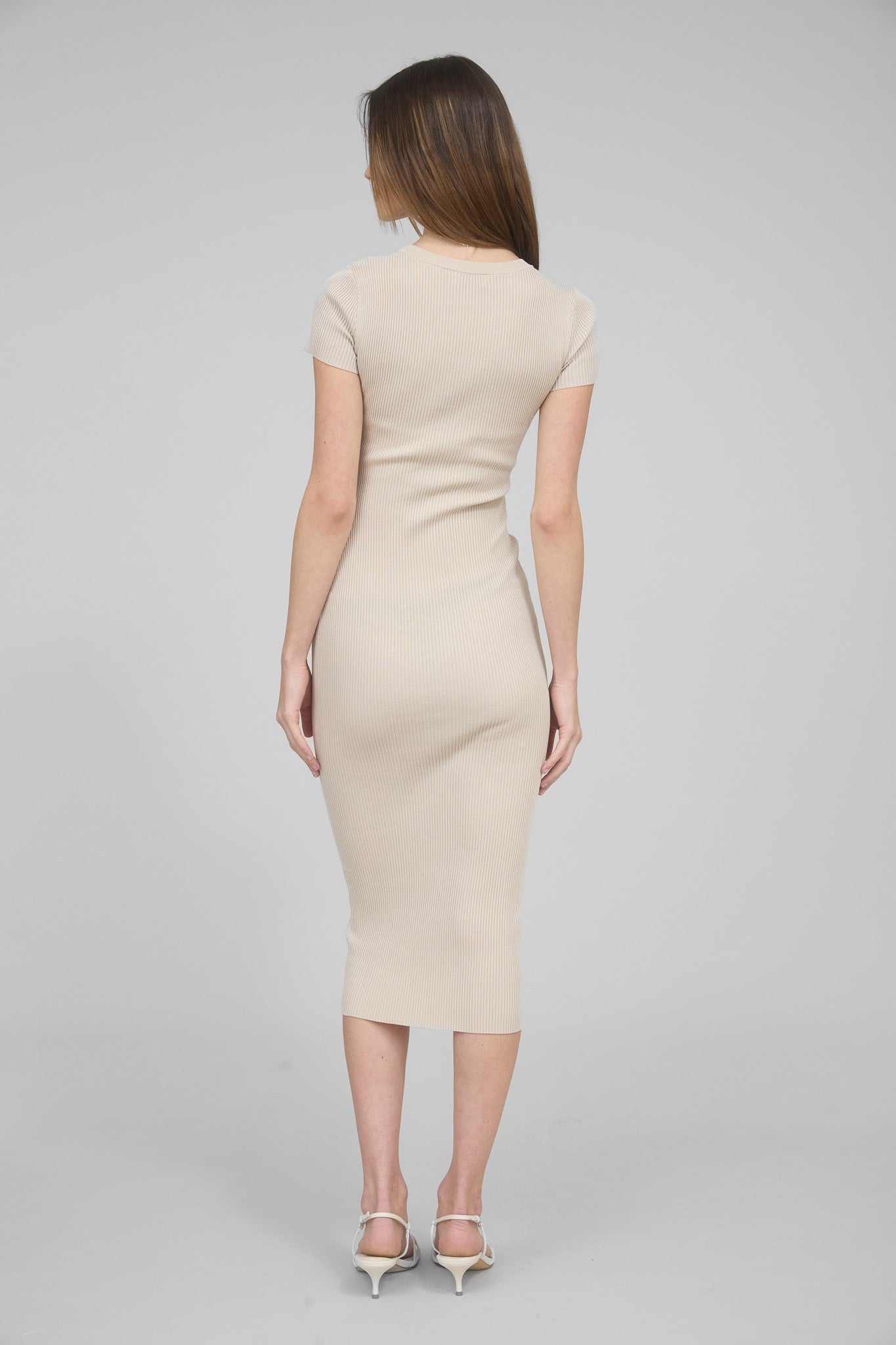 Cream Short Sleeve Rib Knit Midi Dress