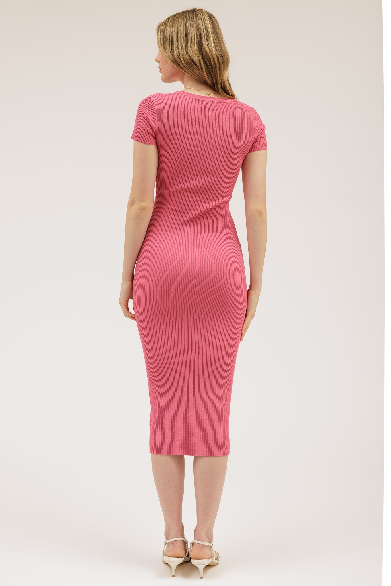 Pink Short Sleeve Rib Knit Midi Dress