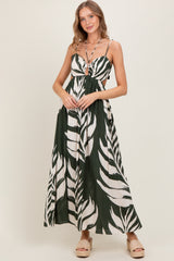 Olive Leaf Print Cutout Tie Back Maxi Dress