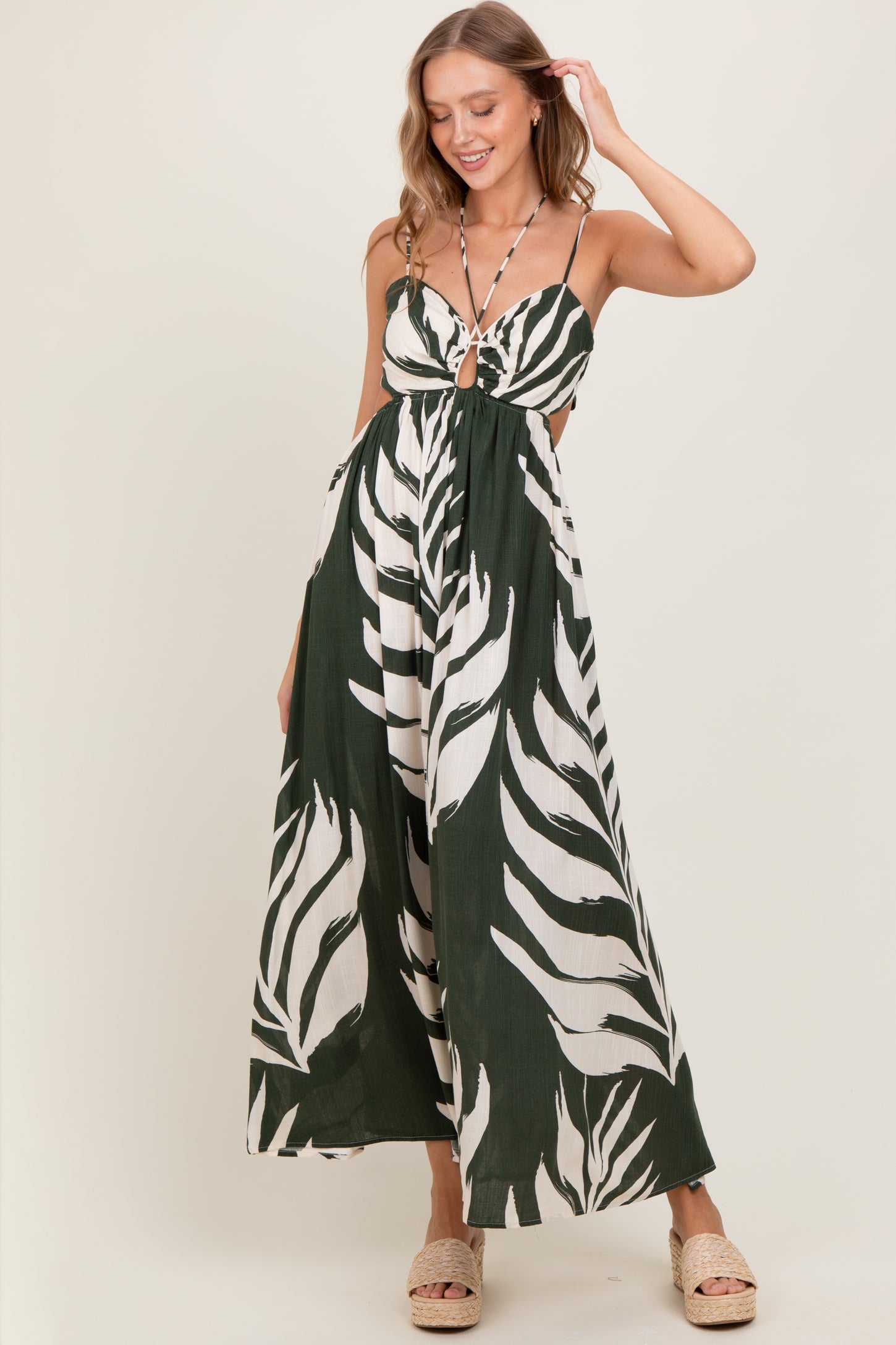 Olive Leaf Print Cutout Tie Back Maxi Dress