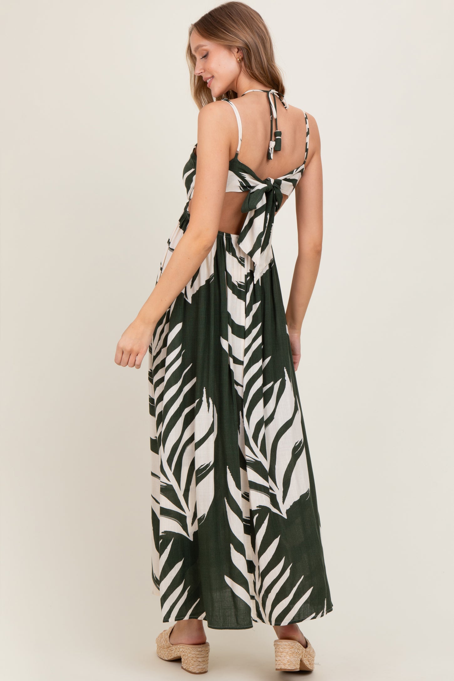 Olive Leaf Print Cutout Tie Back Maxi Dress