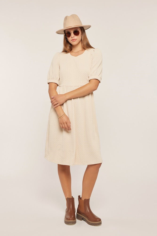 Ivory Textured Knit Puff Sleeve Maternity Midi Dress