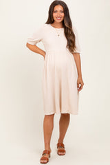 Ivory Textured Knit Puff Sleeve Maternity Midi Dress