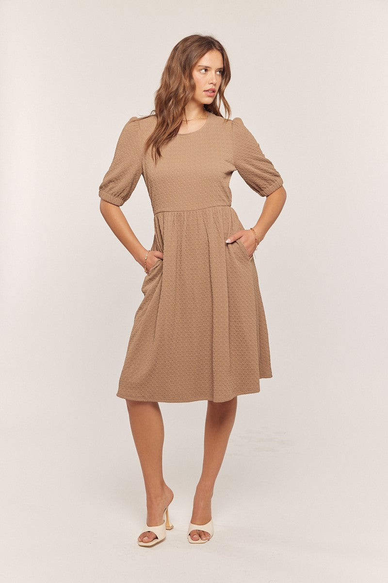Taupe Textured Knit Puff Sleeve Midi Dress
