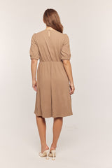 Taupe Textured Knit Puff Sleeve Midi Dress