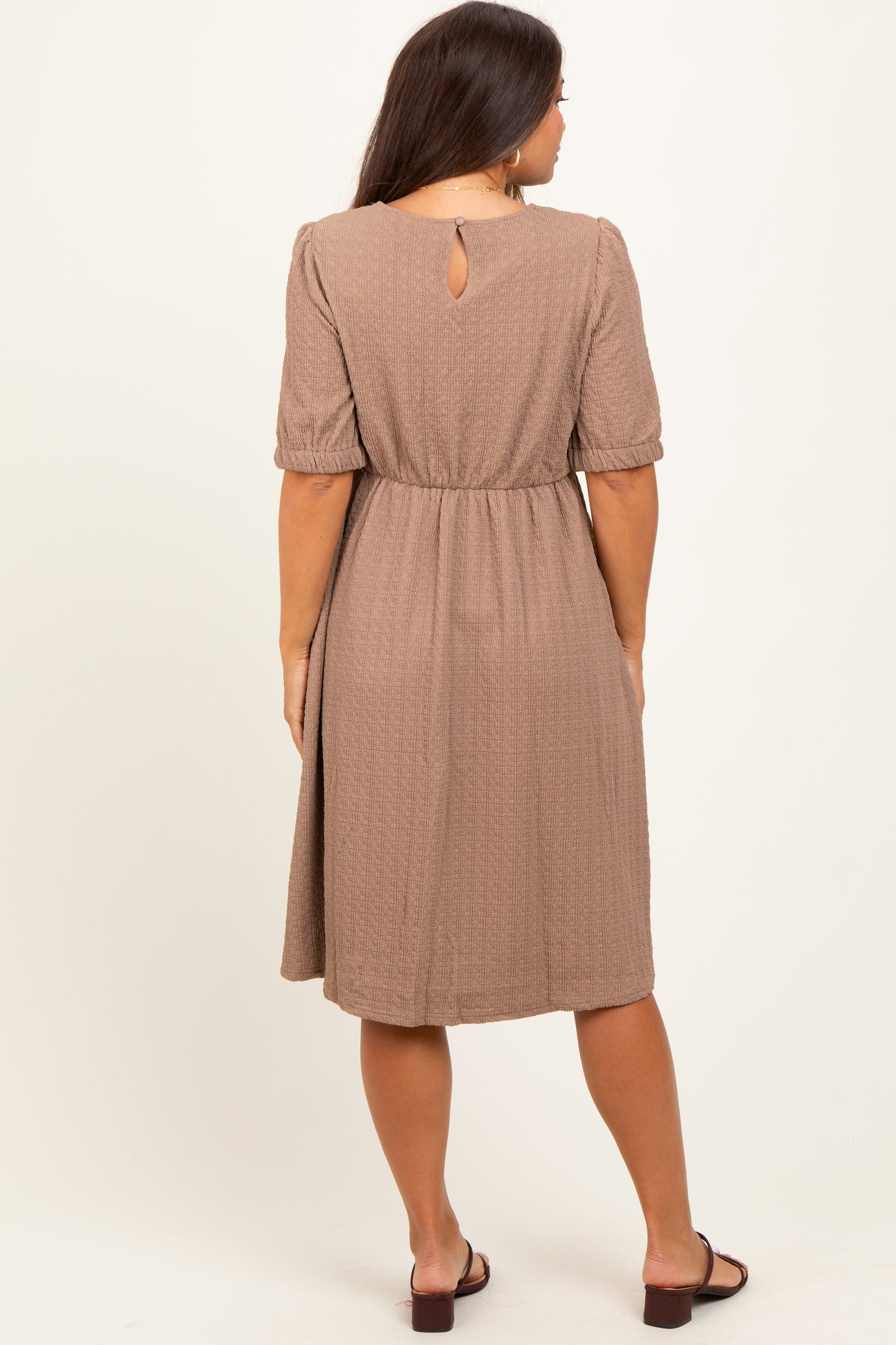 Taupe Textured Knit Puff Sleeve Maternity Midi Dress