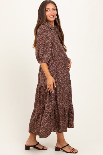Brown Floral Tiered Maternity Shirt Midi Dress