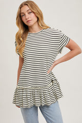 Ivory Striped Ruffle Hem Maternity Short Sleeve Top