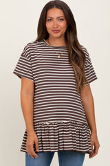 Mocha Striped Ruffle Hem Maternity Short Sleeve Top