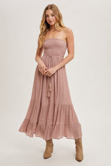Mauve Smocked Strapless Front Tie Maxi Dress