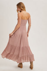 Mauve Smocked Strapless Front Tie Maxi Dress
