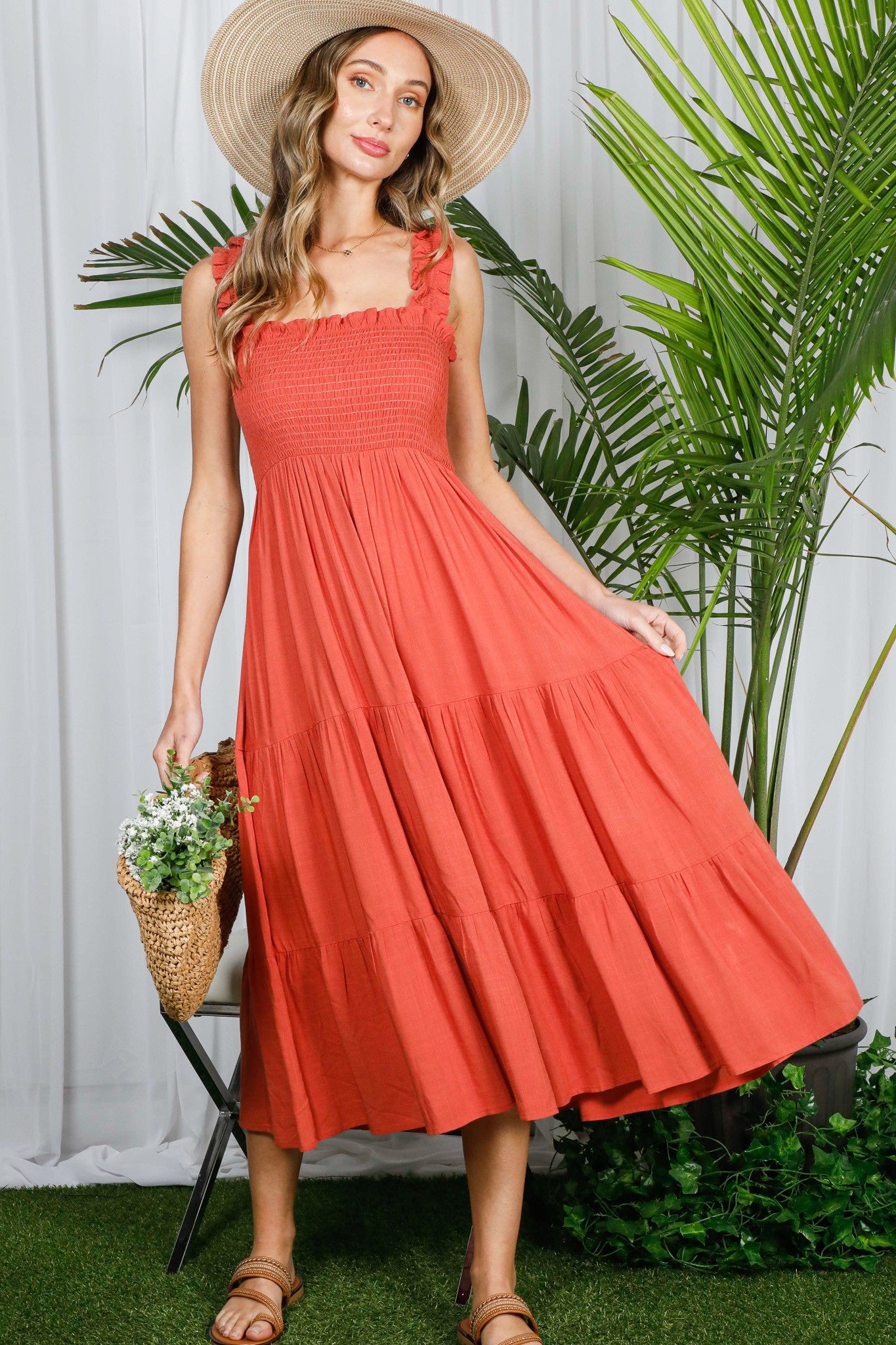 Rust Smocked Ruffle Strap Tiered Midi Dress