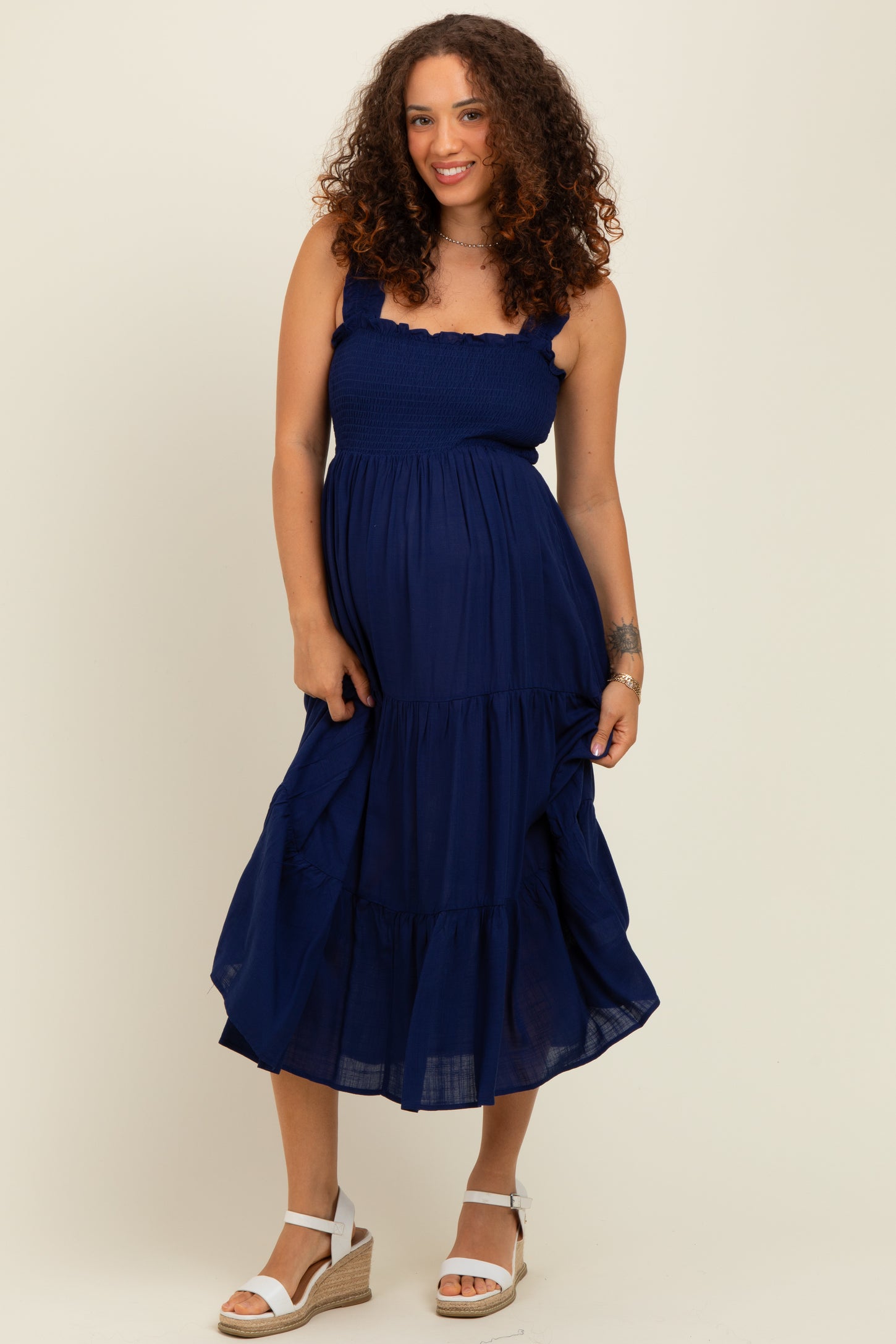 Navy Smocked Ruffle Strap Tiered Maternity Midi Dress
