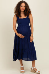 Navy Smocked Ruffle Strap Tiered Maternity Midi Dress