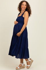 Navy Smocked Ruffle Strap Tiered Maternity Midi Dress