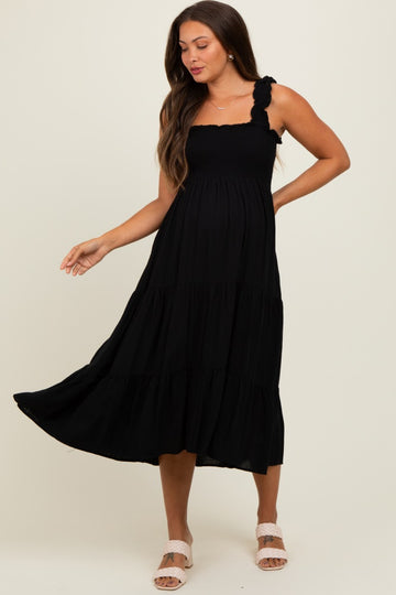 Black Smocked Ruffle Strap Tiered Maternity Midi Dress