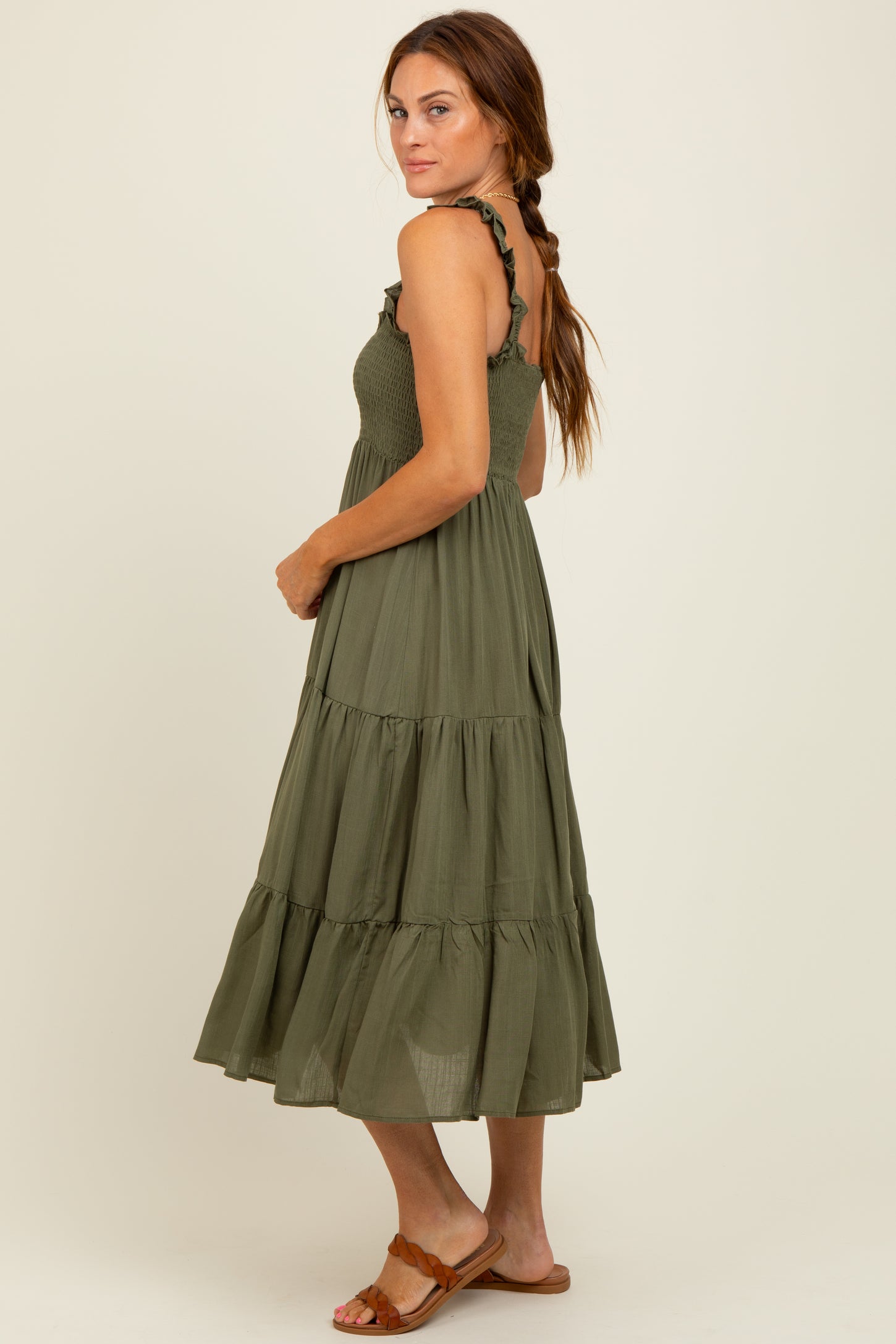 Olive Smocked Ruffle Strap Tiered Midi Dress