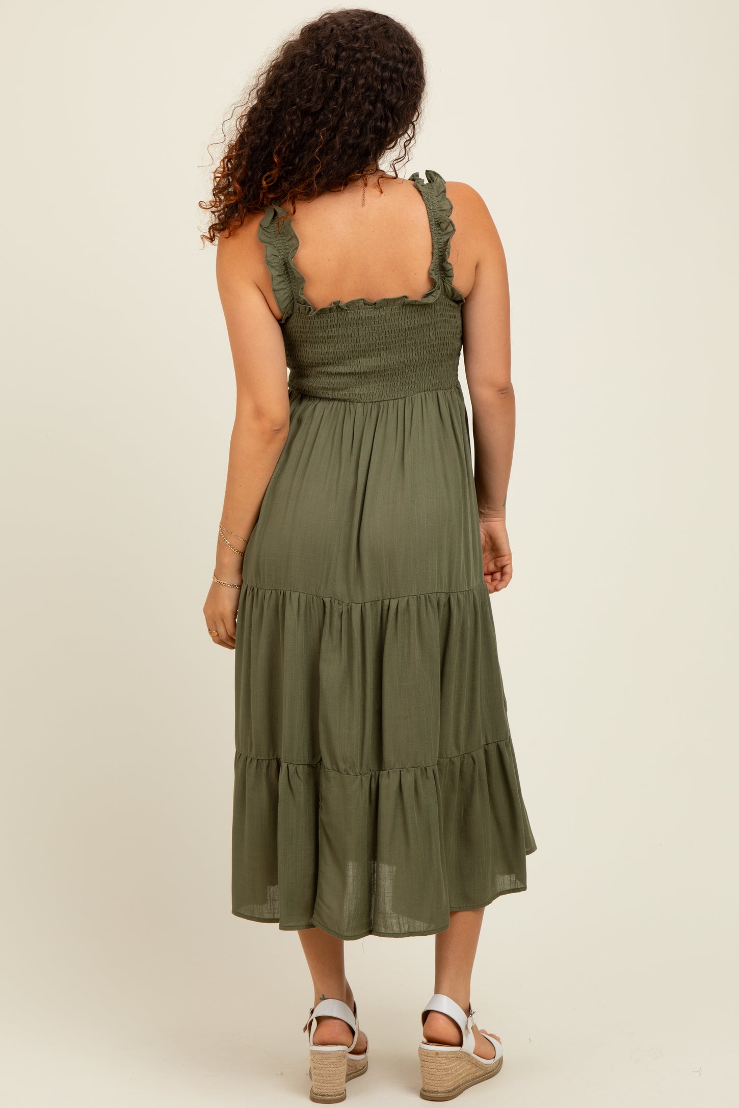 Olive Smocked Ruffle Strap Tiered Maternity Midi Dress