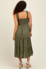 Olive Smocked Ruffle Strap Tiered Maternity Midi Dress