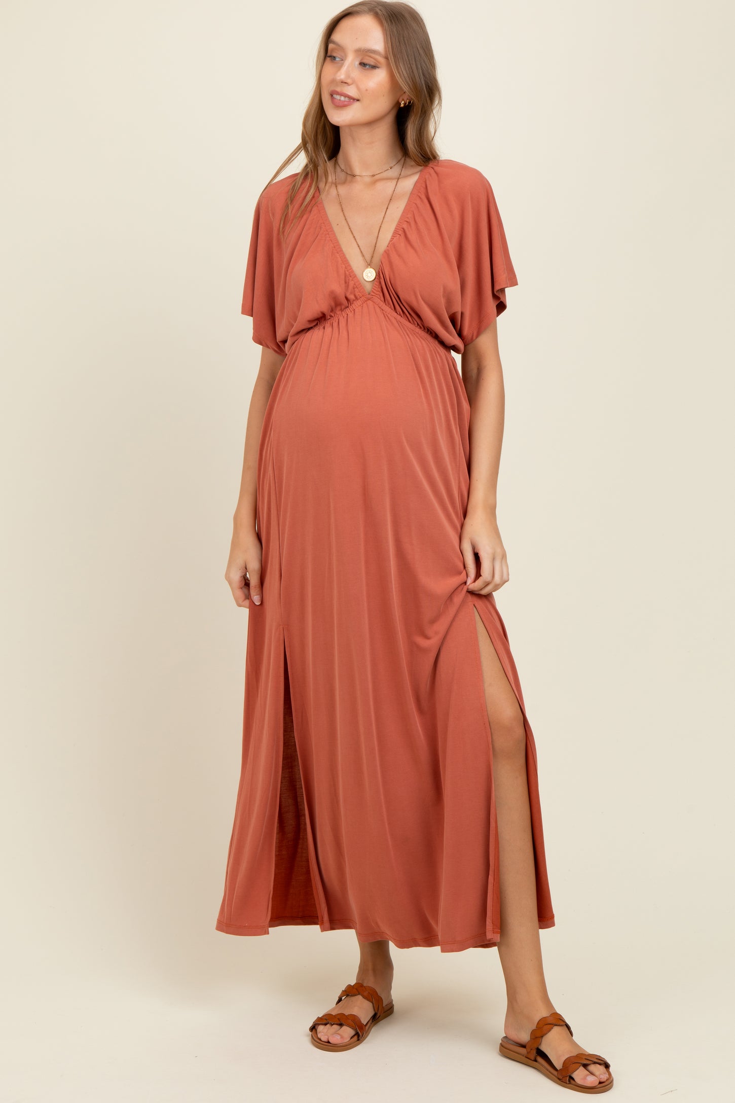 Rust V-Neck Flutter Sleeve Side Slit Maternity Maxi Dress