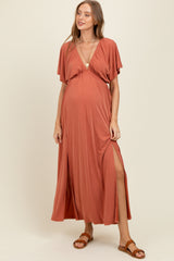 Rust V-Neck Flutter Sleeve Side Slit Maternity Maxi Dress