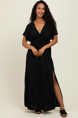 Black V-Neck Flutter Sleeve Side Slit Maxi Dress