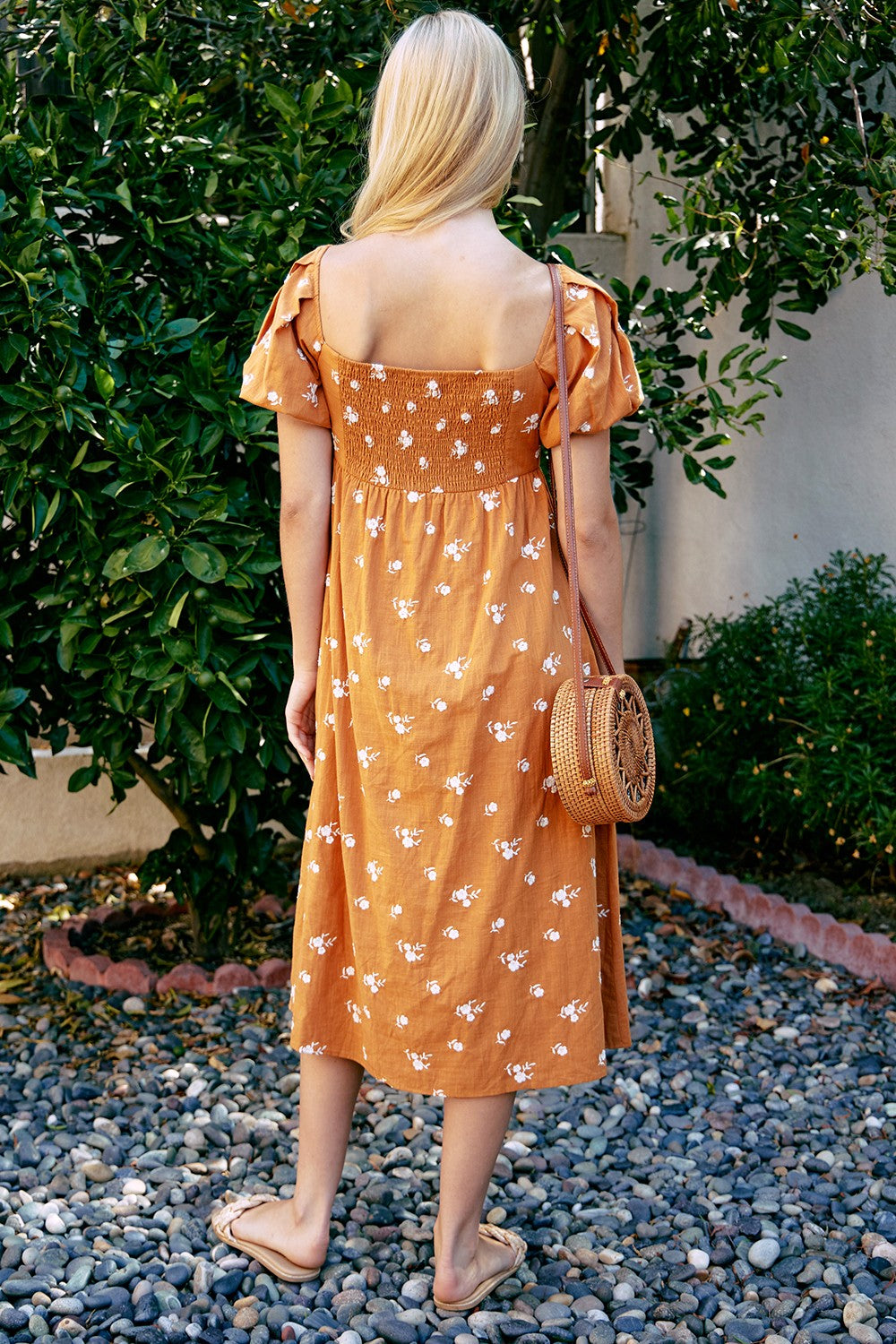 Orange Embroidered Floral Puff Sleeve Midi Dress