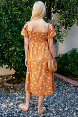 Orange Embroidered Floral Puff Sleeve Midi Dress