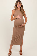 Light Taupe Mock Neck Side Slit Maternity Midi Dress
