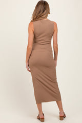 Light Taupe Mock Neck Side Slit Maternity Midi Dress