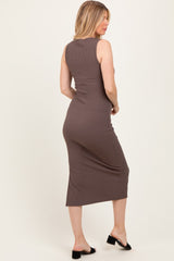 Brown Mock Neck Side Slit Maternity Midi Dress