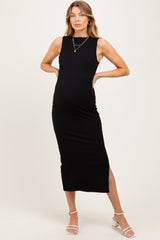 Black Mock Neck Side Slit Maternity Midi Dress