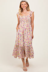 Multi Color Floral Flutter Sleeve Smocked Midi Dress