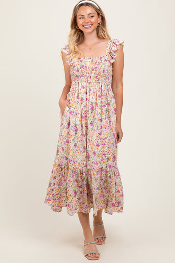 Multi Color Floral Flutter Sleeve Smocked Midi Dress