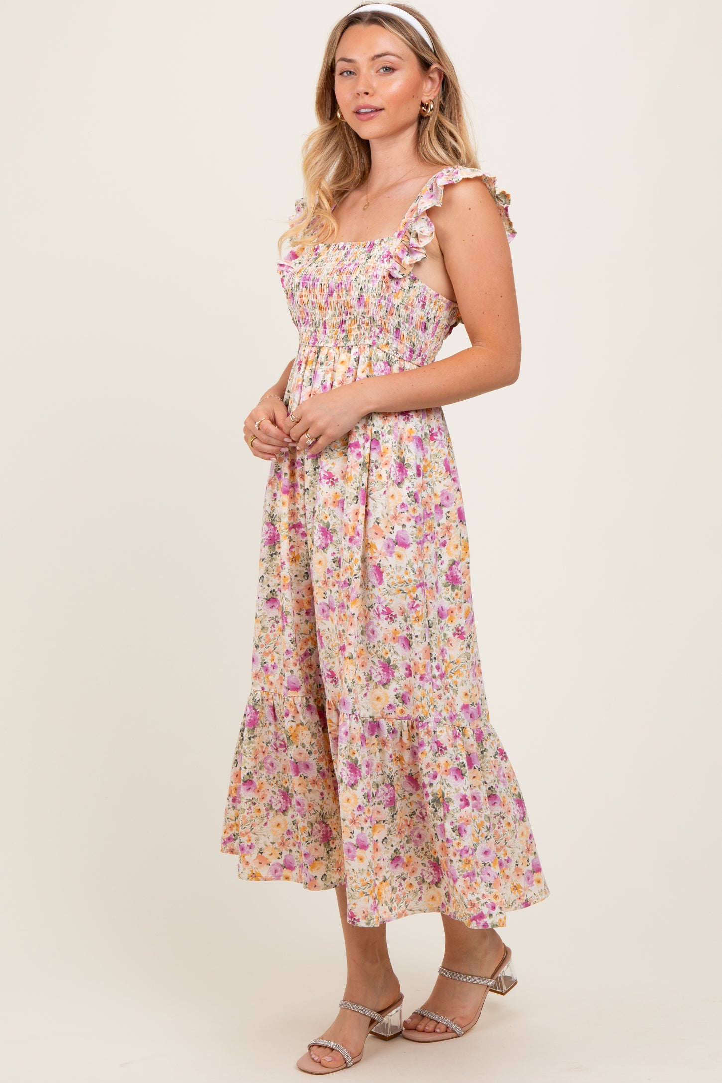 Multi Color Floral Flutter Sleeve Smocked Midi Dress